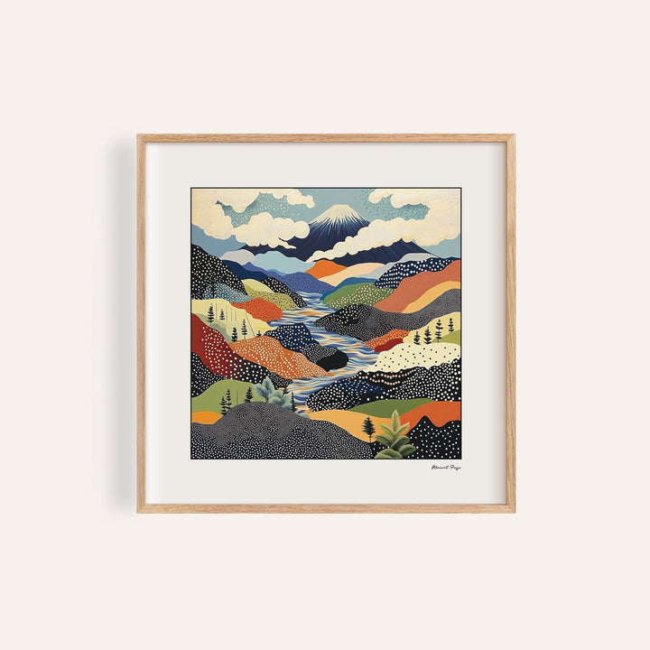 Japanese art prints featuring Mount Fuji and dotted patterns