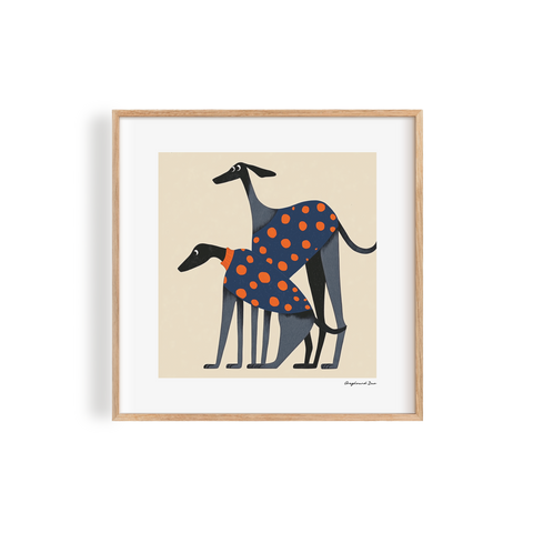 Whimsical modern design of two elegant greyhounds in a playful, polka dot setting, adding personality to any space
