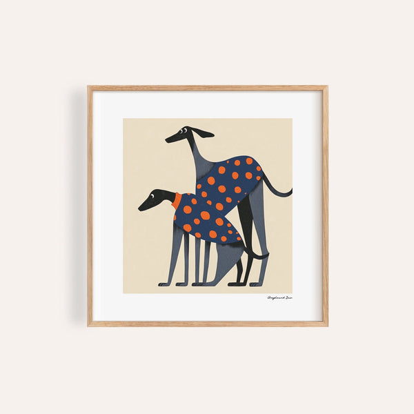Charming poster of a dog featuring playful greyhounds with polka dots for kids' rooms