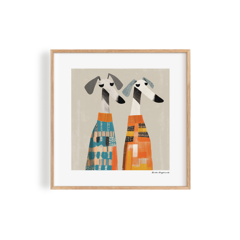 Unique abstract-style greyhound dog print in colourful patterned sweaters, blending contemporary art with warmth and personality
