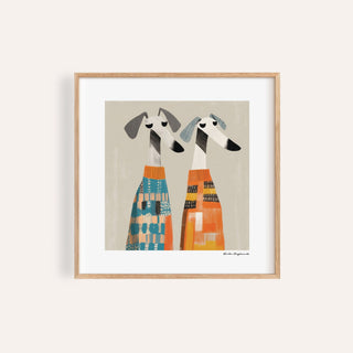 Modern wall art dog featuring colourful greyhounds in patterned sweaters for kids' rooms