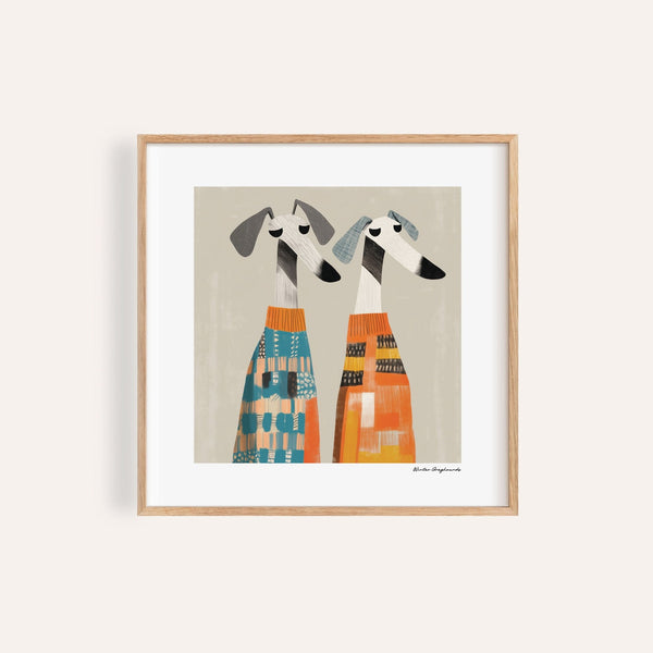 Modern wall art dog featuring colourful greyhounds in patterned sweaters for kids' rooms