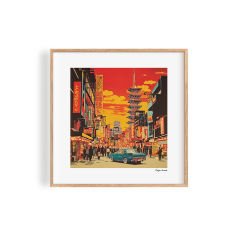 Vintage-inspired Tokyo street scene wall art featuring retro car and city architecture with warm sunset glow
