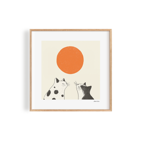 Minimalist Japanese-inspired design of two adorable cats gazing at a warm orange sun, adding a sense of calm and beauty to your space
