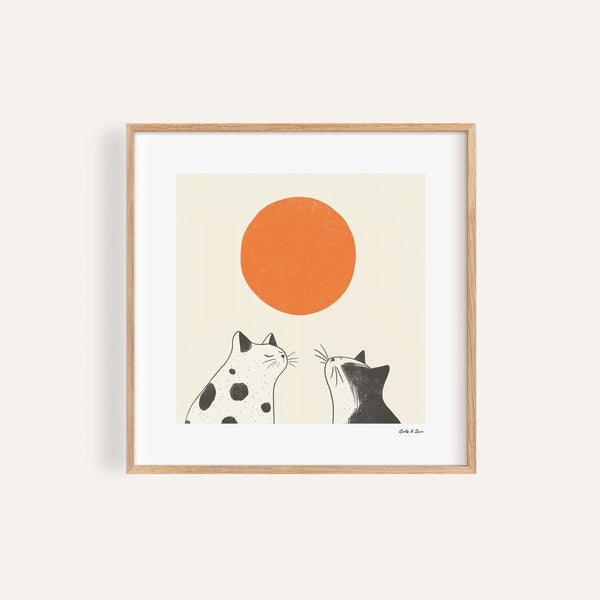 Minimalist orange cat art featuring two cats and a serene sun