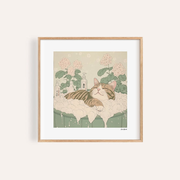 Tranquil Japanese posters with cat and floral scene in pastel tones