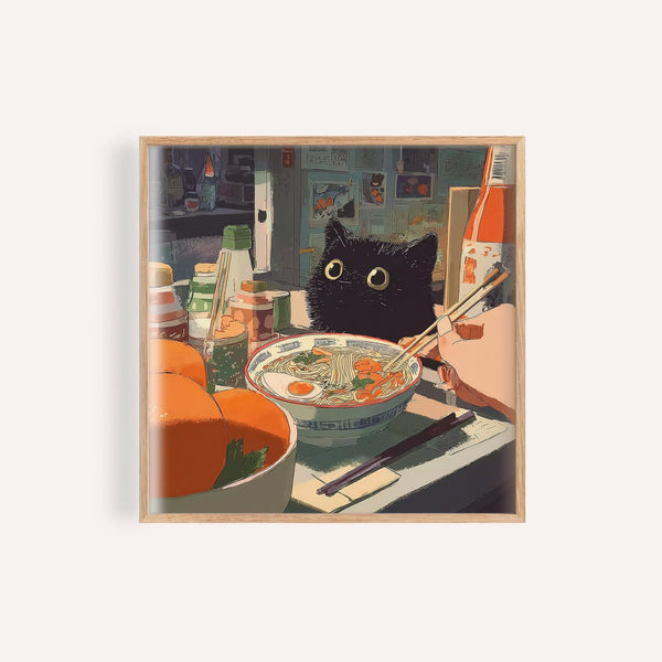 Ramen wall art with black cat and oranges on wooden dining table