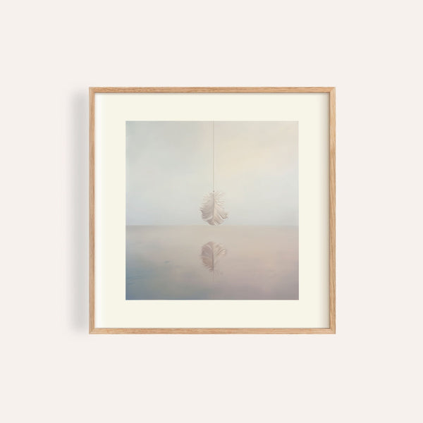 Soft pastel surrealist art for sale showing a feather suspended over water