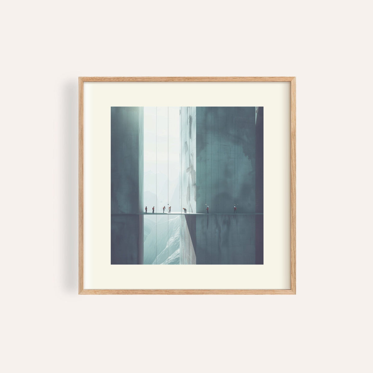 Surreal art print of figures walking between tall monolithic buildings in soft blue