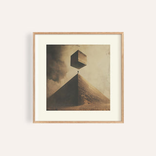 Neutral color wall art featuring abstract pyramid and monolith for minimalist living rooms