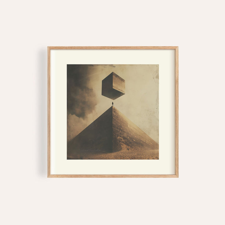 Neutral color wall art featuring abstract pyramid and monolith for minimalist living rooms
