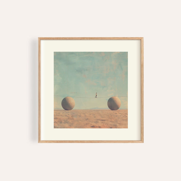 Surreal art for sale of a tightrope walker crossing between giant spheres in the desert

