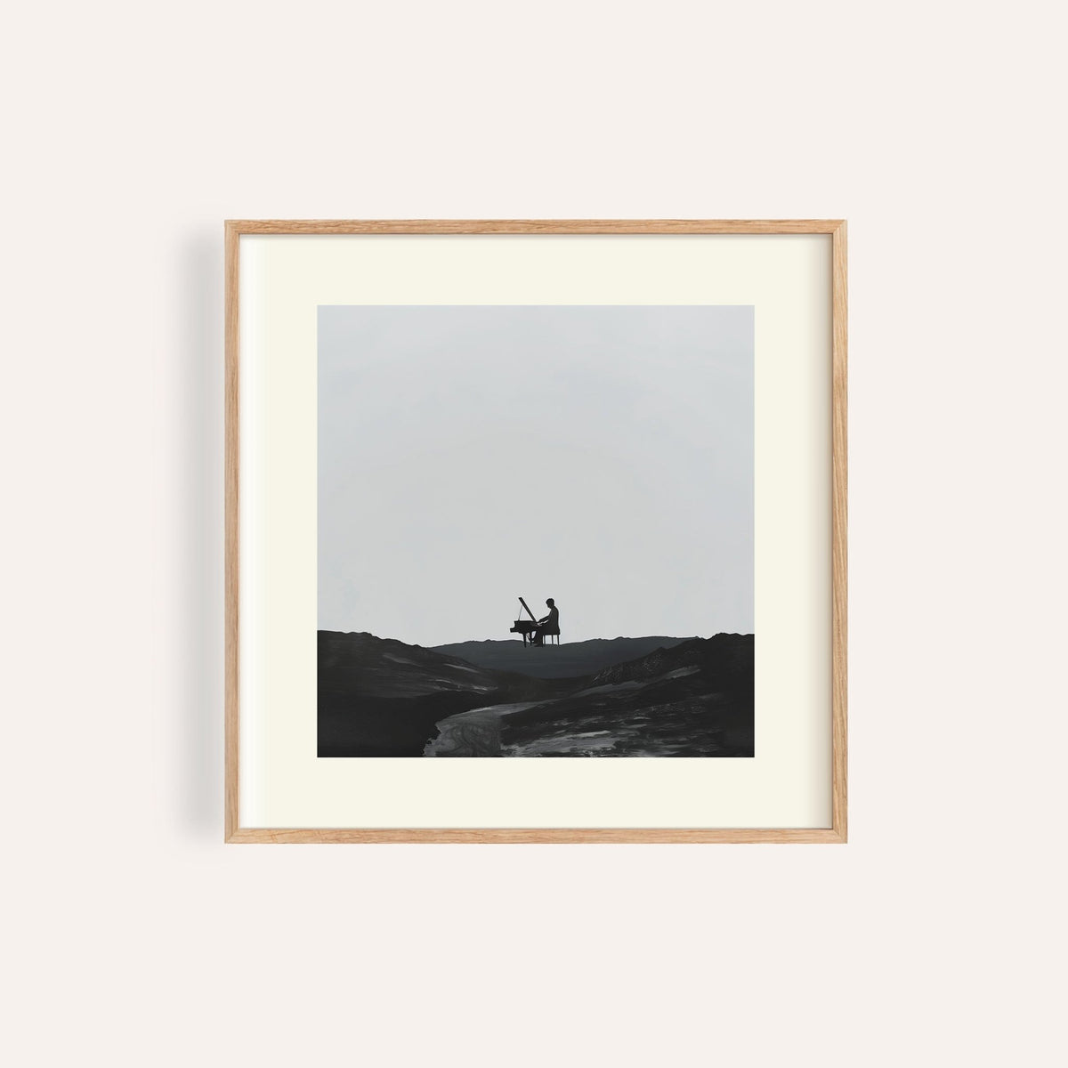 Black-and-white piano abstract art with lone pianist in open field
