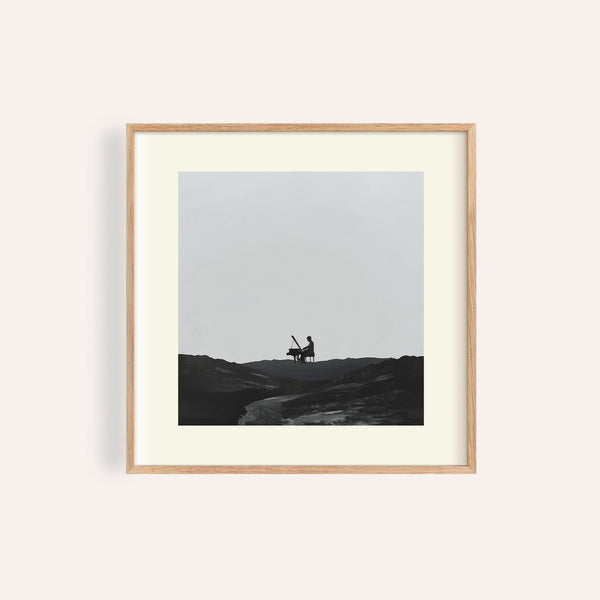 Black-and-white piano abstract art with lone pianist in open field