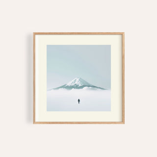 Framed print of a snowy Mount Fuji with a lone figure in minimalist style