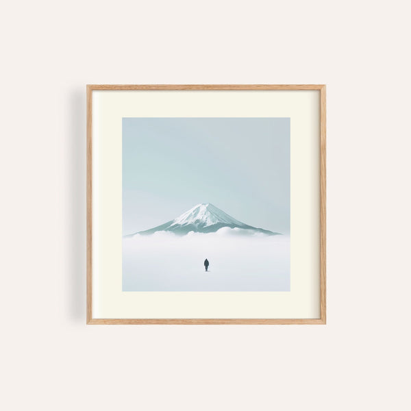 Minimalist japan travel poster with Mount Fuji and lone traveler for calm decor