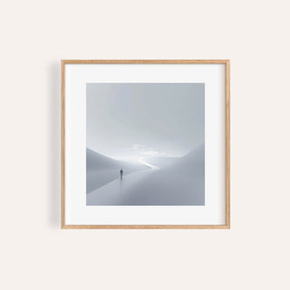 Gray and white wall art with lone figure on glowing spiritual path
