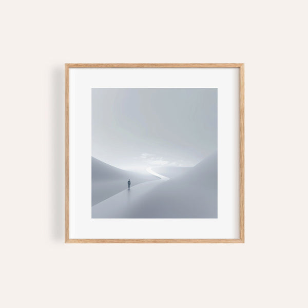 Gray and white wall art with lone figure on glowing spiritual path