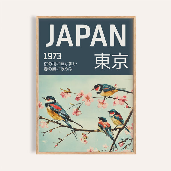 Japanese bird wall art featuring cherry blossoms and vibrant birds