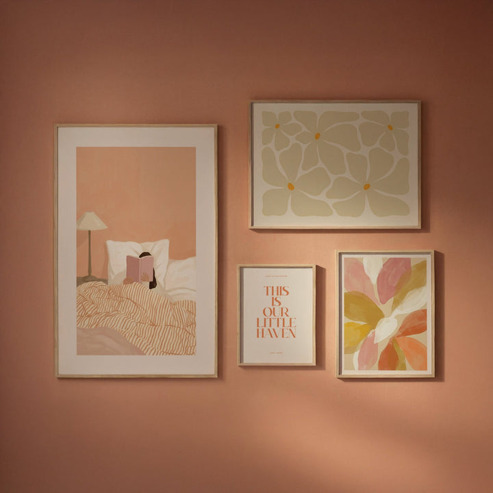 4-Piece Floral Wall Art Set in peach color for bedroom.