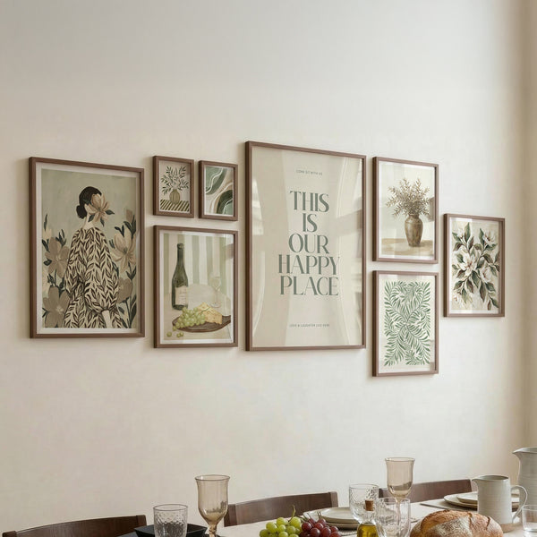 Dining Room Gallery Set in Green Beige White Brown tones for modern dining room print set
