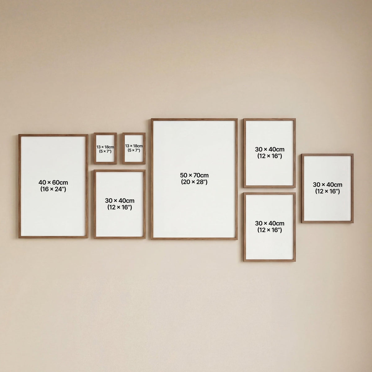 Set of picture frames with dimensions on a beige wall