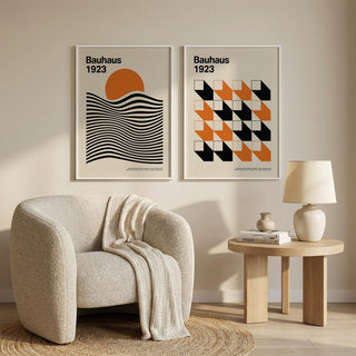 Bauhaus Gallery Wall Art set of 2 with orange, black, and beige geometric prints
