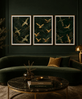 Elegant gallery wall set of 3 art prints with cranes in gold accents.