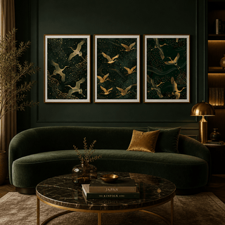 Elegant gallery wall set of 3 art prints with cranes in gold accents.