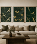 Set of 3 Art Prints featuring gold cranes on green backgrounds.