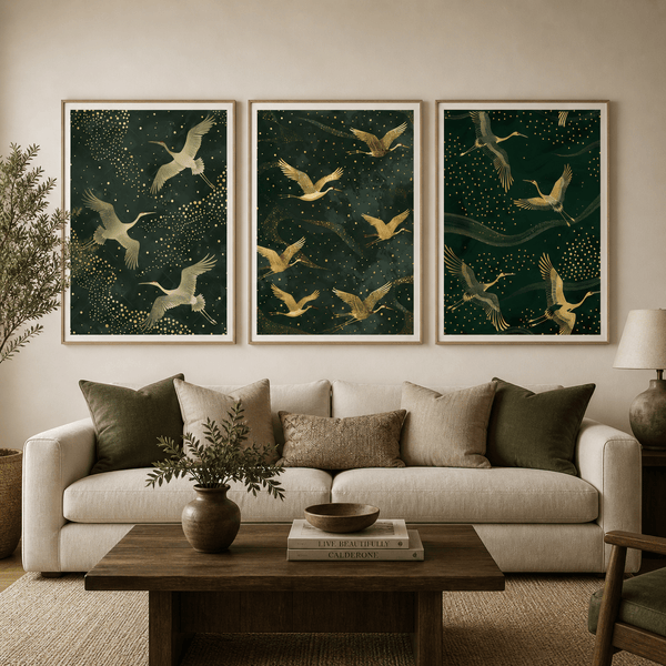 Set of 3 Art Prints featuring gold cranes on green backgrounds.