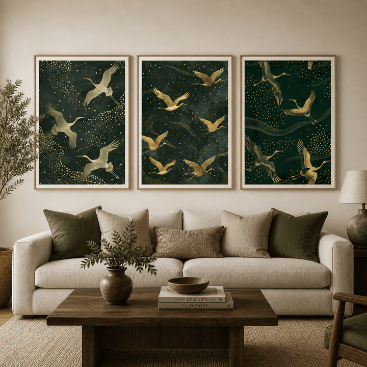 Set of 3 Art Prints featuring gold cranes on green backgrounds.