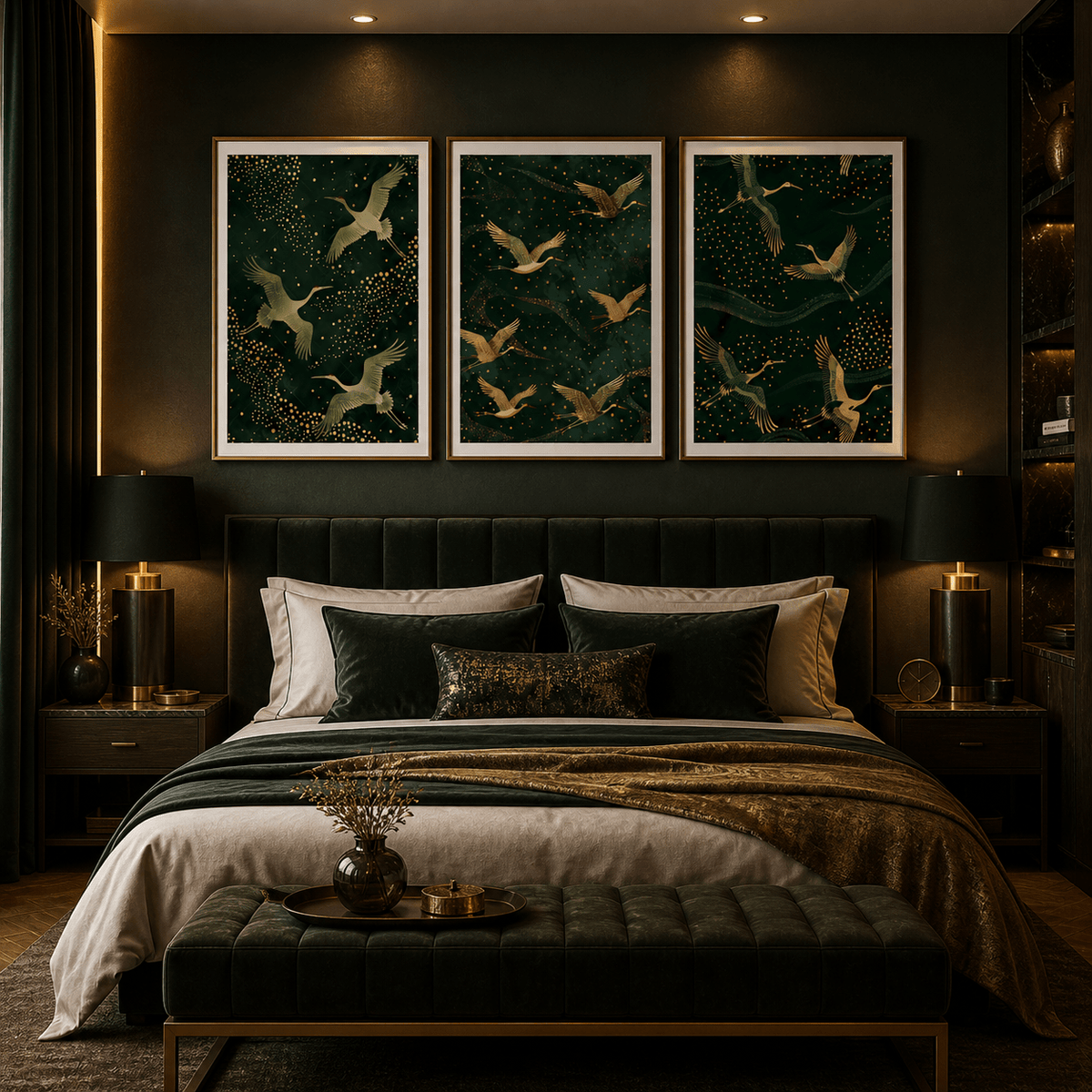 Trio of art prints showcasing beautiful cranes against dark green hues above a luxury bed.