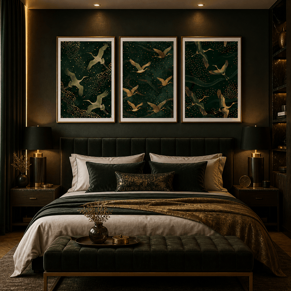 Trio of art prints showcasing beautiful cranes against dark green hues above a luxury bed.