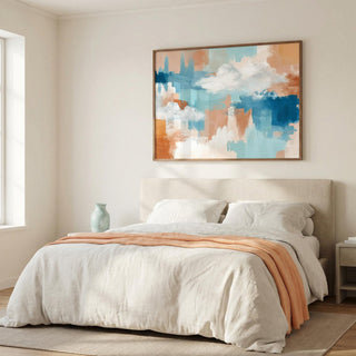 Bedroom with a colorful abstract painting above the bed