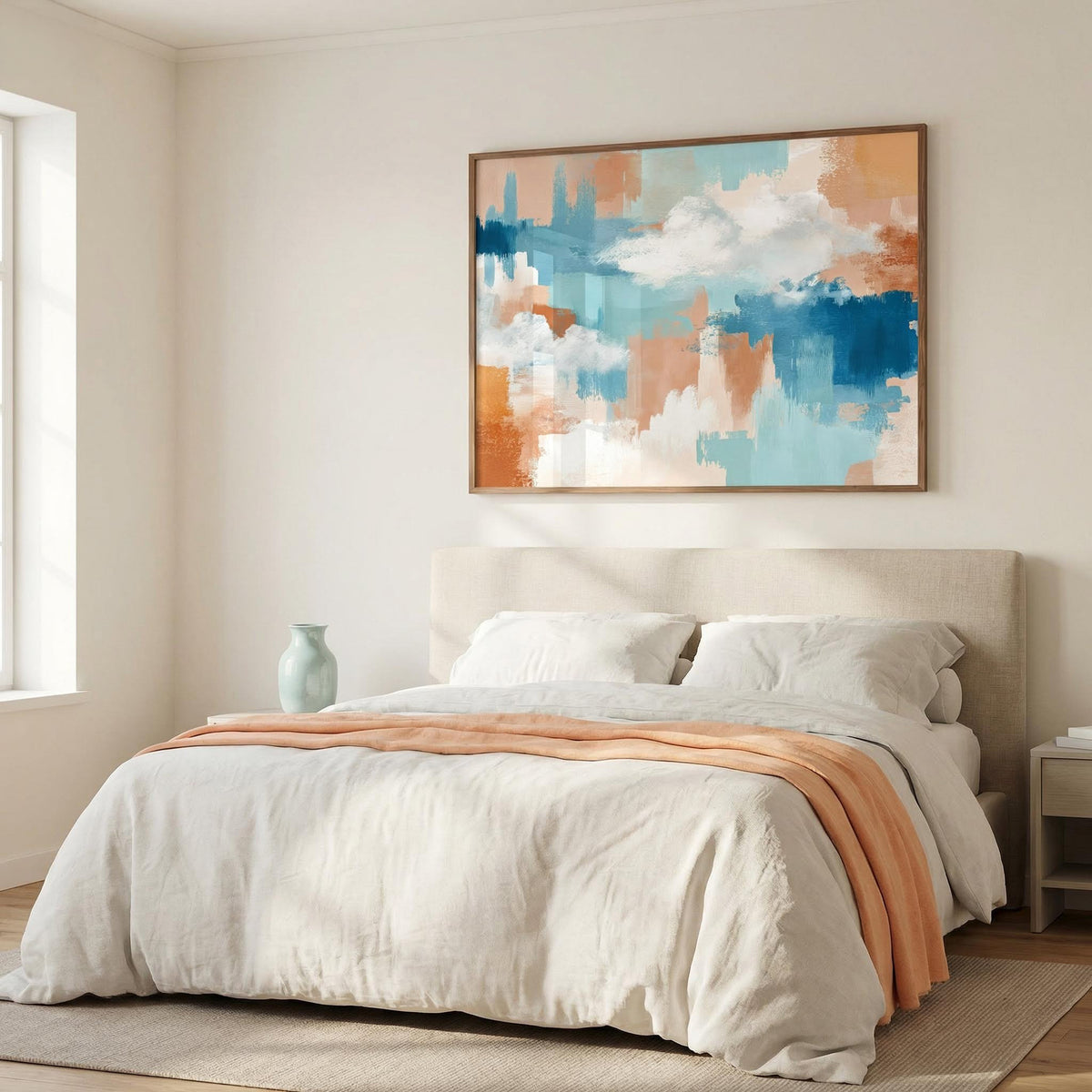 Bedroom with a colorful abstract painting above the bed