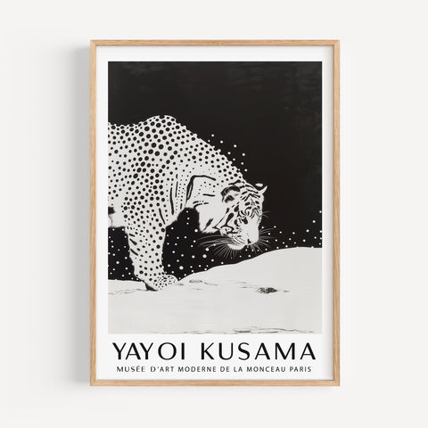 Kusama-inspired wildlife artwork featuring a snow tiger
