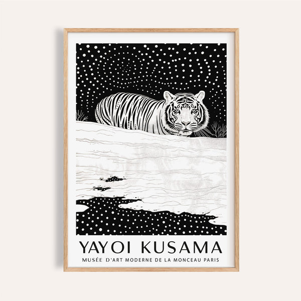 Tiger wall art featuring Kusama’s dotted patterns