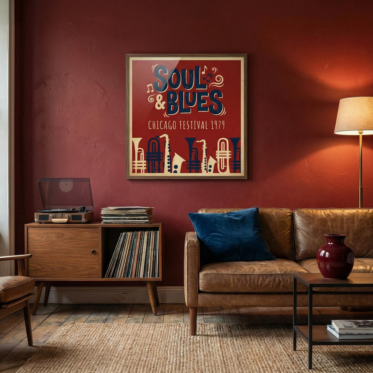Living room with a brown leather sofa, wooden cabinet, and framed 'Soul & Blues' poster on a red wall.
