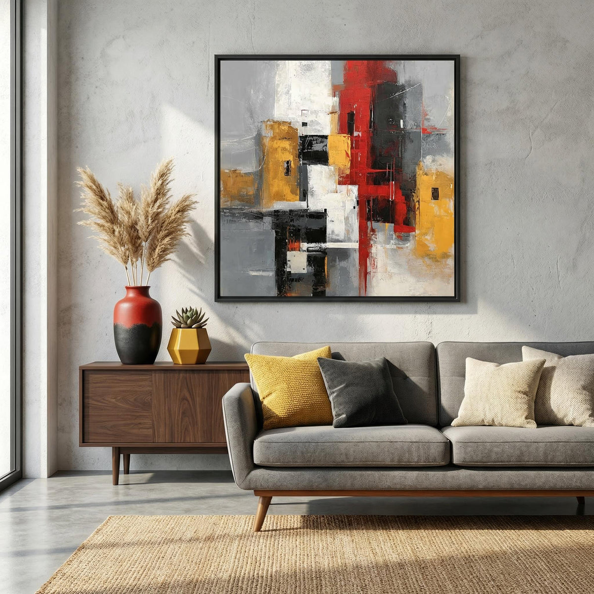 Modern living room with a gray sofa, abstract painting, and decorative items.