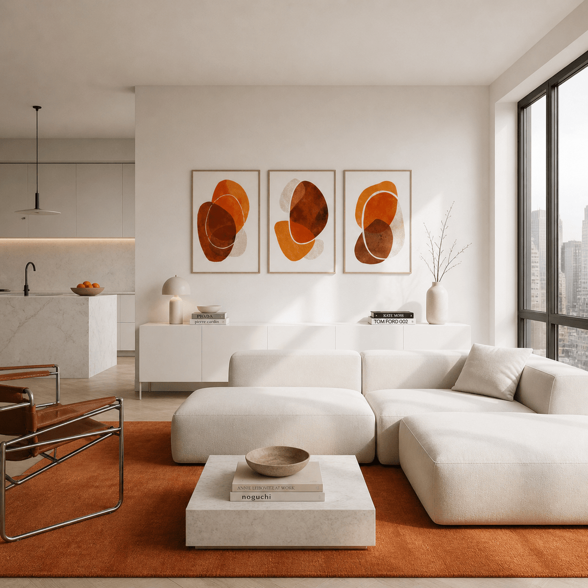 Modern living room with a white sectional sofa, abstract art, and a kitchen in the background.