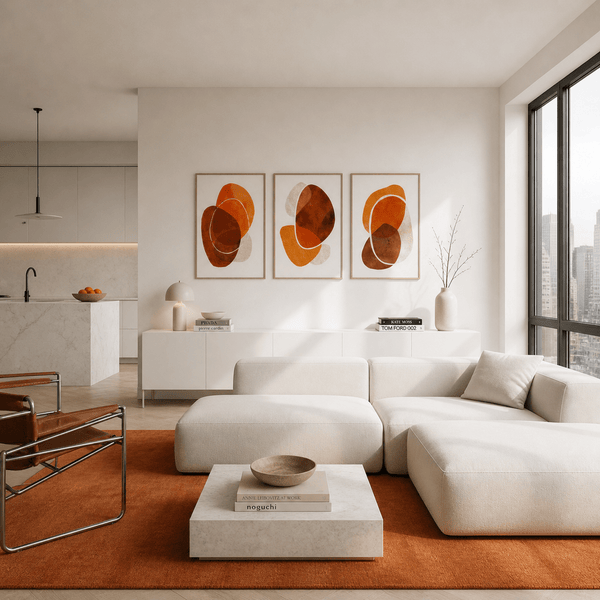 Modern living room with a white sectional sofa, abstract art, and a kitchen in the background.