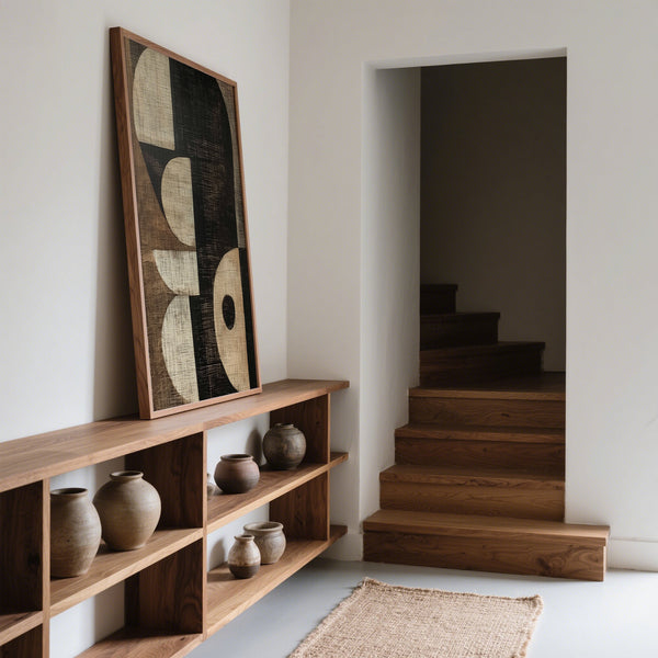 Minimalist hallway with balanced wabi sabi art prints poster