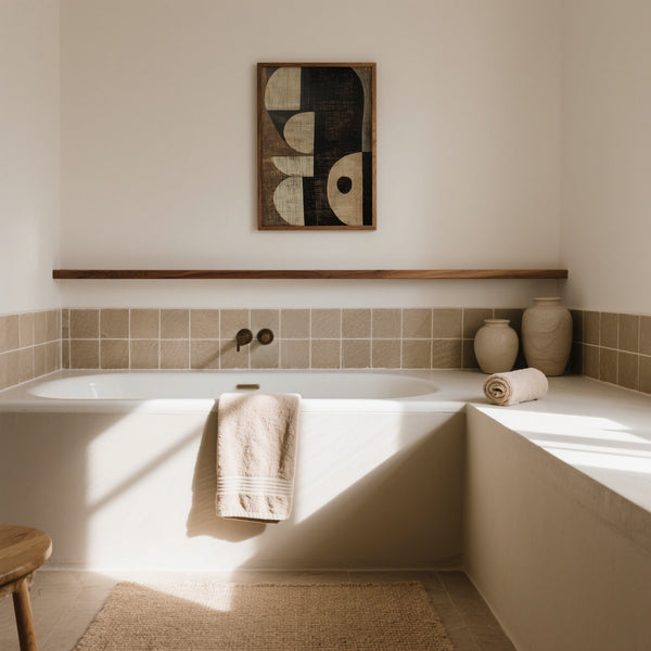 Wabi Sabi Art Print above bathtub in bathroom
