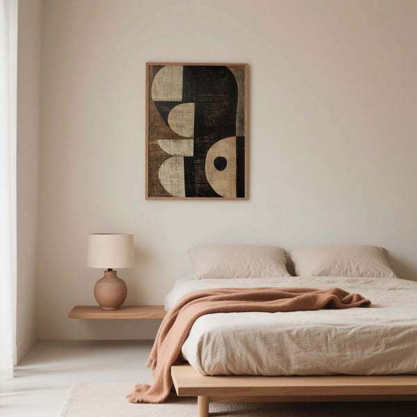 Bohemian bedroom featuring grounded wabi sabi art prints decor