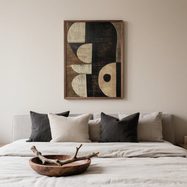 Bohemian bedroom featuring grounded wabi sabi art prints decor
