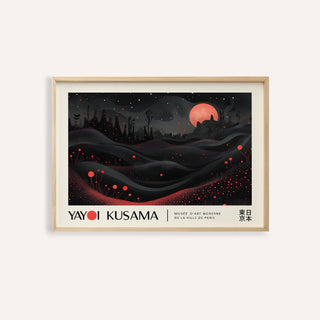 Framed Moon Print of a red moon over a surreal landscape with red dots on black hills