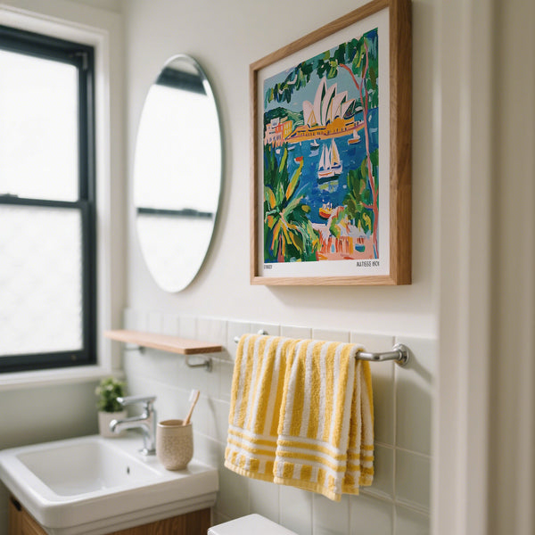 Fauvist-style Sydney print with vibrant ocean, boats, and the Opera House