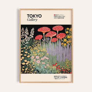 Framed close-up of Japanese Vintage Art showing red fly agaric mushrooms and various flowers