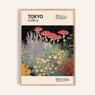 Floral Prints Vintage framed print close-up with red spotted mushrooms and colourful flowers on a dark background
